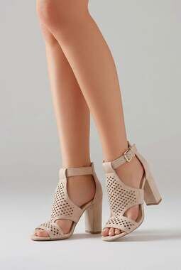 Dollhouse Beige Laser Cut Block Heel Sandals Size 5.5